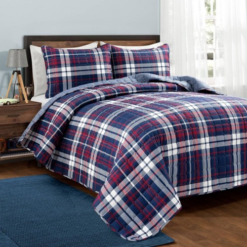 Full/Queen Grayson Farmhouse Plaid Reversible Quilt Set Navy/Red - Lush  Décor