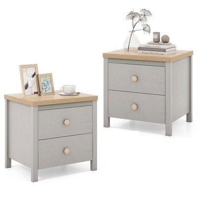 Tangkula 2 PCS Nightstand Farmhouse Side End Table w/ Solid Wood Legs & 2 Drawers