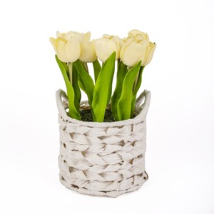 10" Artificial Light Yellow Tulips in White Basket - National Tree Company - 1 of 3