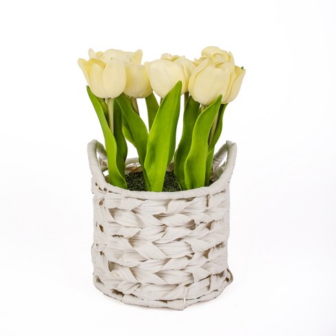 10" Artificial Light Yellow Tulips in White Basket - National Tree Company - image 1 of 3