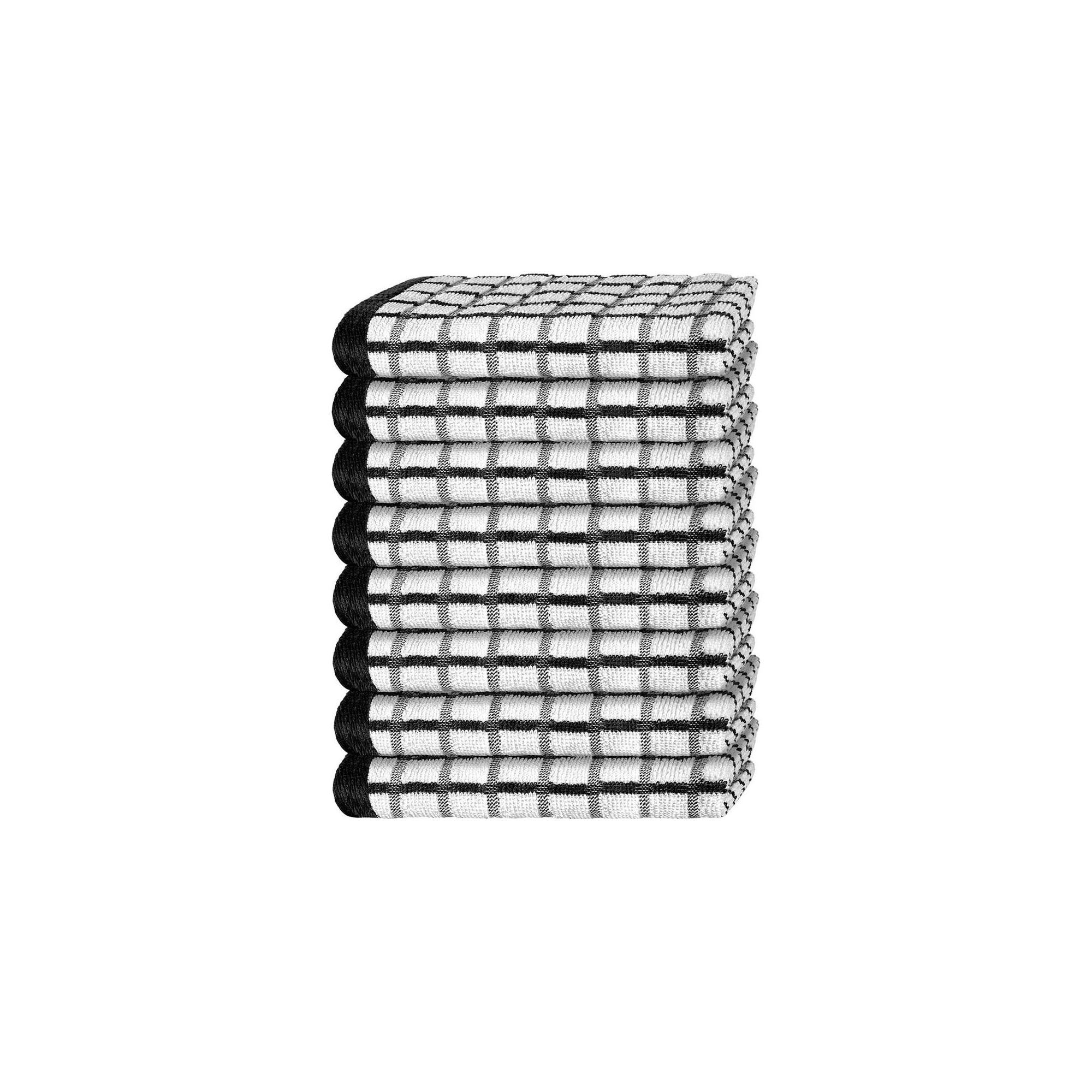 White Classic 100% Cotton Checkered Design Kitchen Towel Set of 8 - 16x26" Black