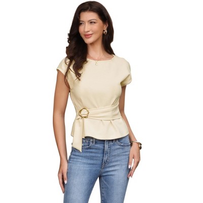 INSPIRE CHIC Women's Cap Sleeve Crew Neck Peplum Business Casual Blouses with Belt