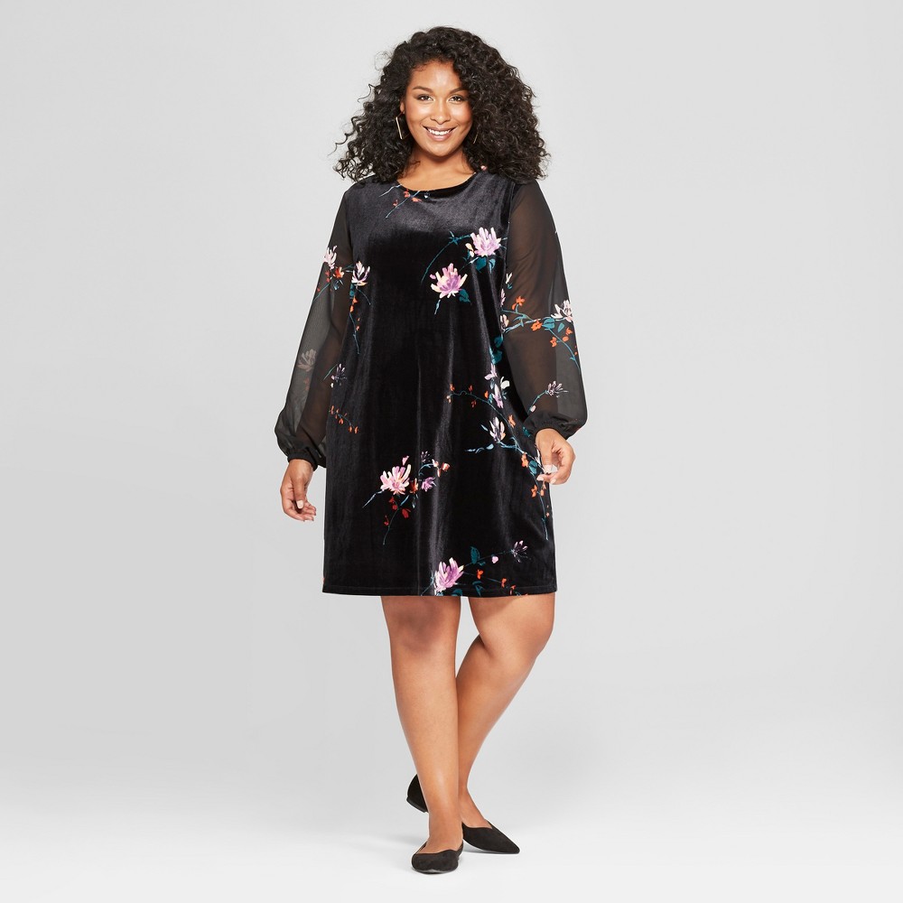 Women's Plus Size Floral Print Chiffon Sleeve Velour Dress - Ava & Viv Black 1X, Size: Small was $29.98 now $14.99 (50.0% off)