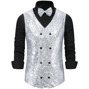 Lars Amadeus Men's V-Neck Slim Fit Double-Breasted Party Disco Prom Nightclub Sleeveless Sequin Vest - 1 of 4