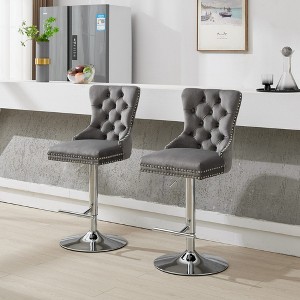Velvet Bar Stools Set of 2 with Adjustable 25-33" Height, 360¡ã Swivel, Tufted Back, and Chrome Base for Home, Pub, or Kitchen Island - 1 of 4