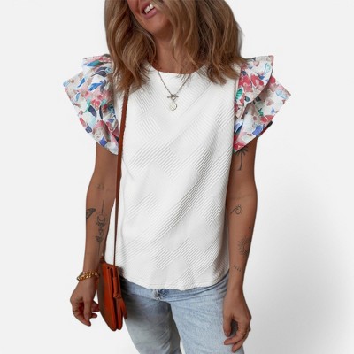 Amaryllis Women's Textured Ruffle Sleeve Top Chic Structured Fabric Bold Statement Sleeves
