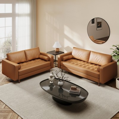 Luige 2 Piece Mid-Century Modern Square Arm Faux Leather Sofa and Loveseat Set - Tree City