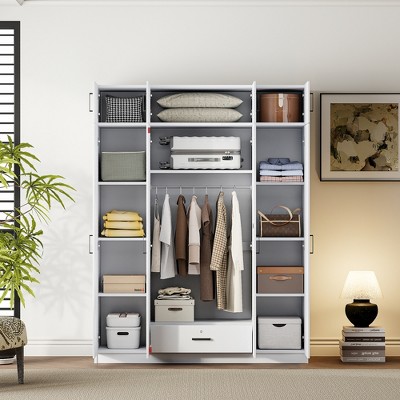 TIRAMISUBEST Farmhouse Wardrobe - 4-Door Solid Wood, Locking Wheels w/ Drawer (60"W x 80"H)