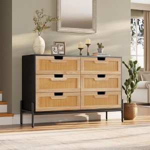 Rattan 6 Drawer Dresser for Bedroom, Modern Farmhouse Wooden Storage Cabinet with Legs, Storage and Organiser for Bedroom, Living Room, Entryway - 1 of 4