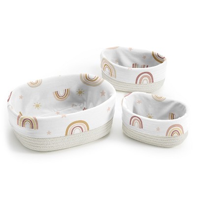 Image of Sweet Jojo Designs Set of 3 Woven Cotton Rope Decorative Storage Basket Boho Rainbow Pink Tan and Yellow