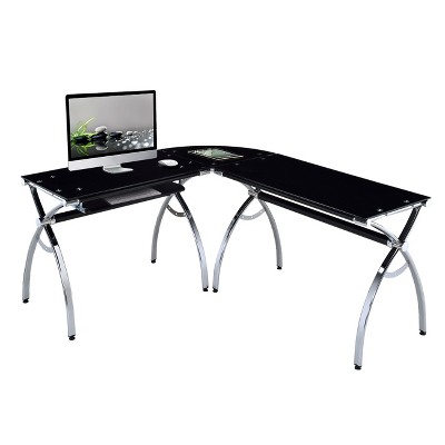 L Shaped Colored Tempered Glass Top Desk with Pull Out Keyboard Tray Black - Techni Mobili