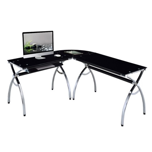 L Shaped Colored Tempered Glass Top Desk With Pull Out Keyboard