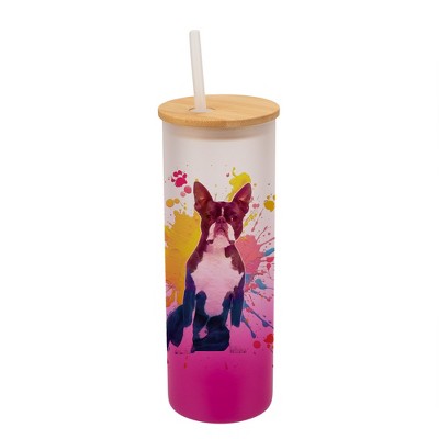 100 North 25 Ounce Frosted Glass Gradient Travel Tumbler With Straw & Wooden Lid, Boston Terrier Dog Paint Splatter Pink