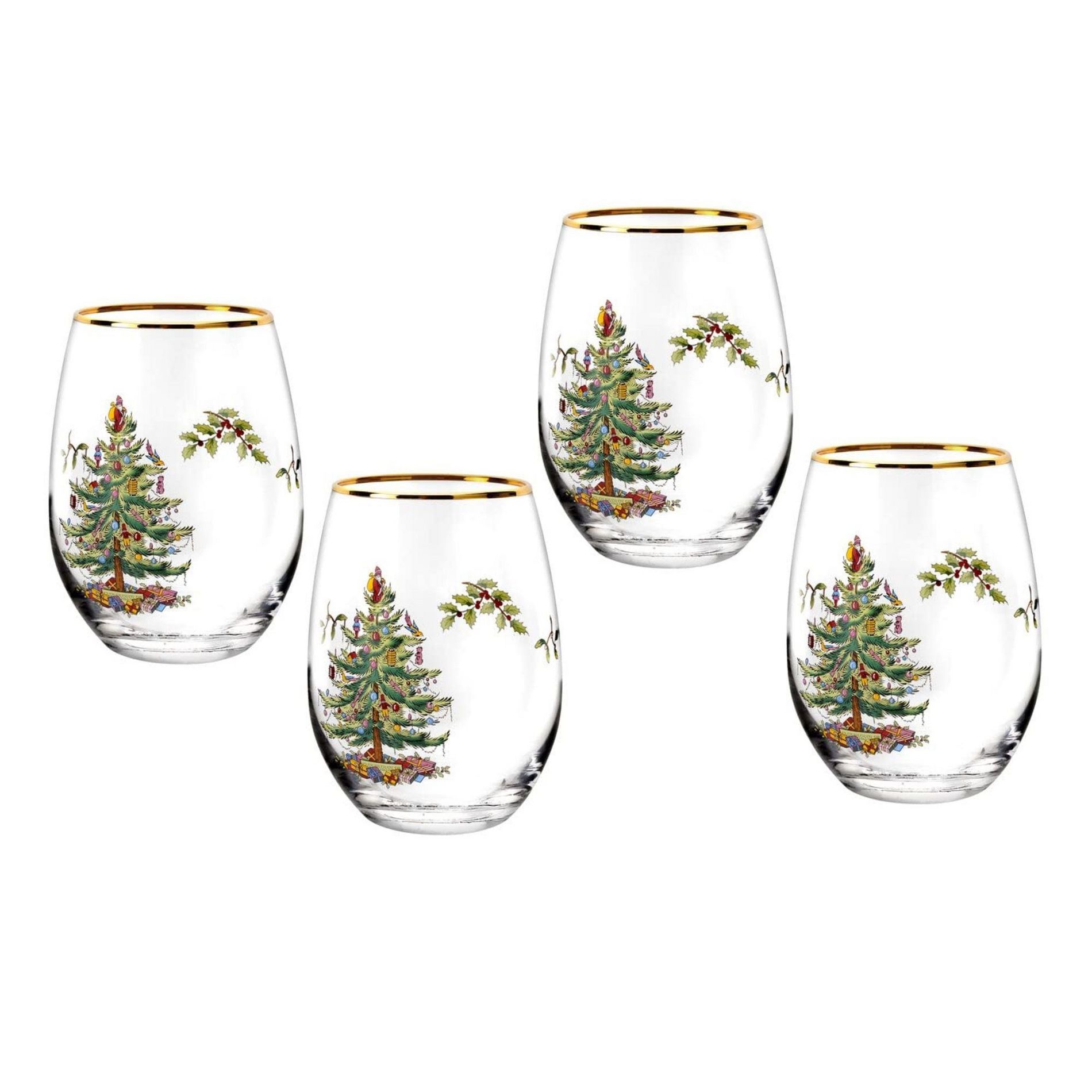 Spode Christmas Tree 19oz Stemless Wineglasses, Set of 4 - Vintage-Inspired Holiday Drinkware with Cozy Seasonal Charm