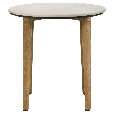Round White Marble Top and Natural Wood End Table