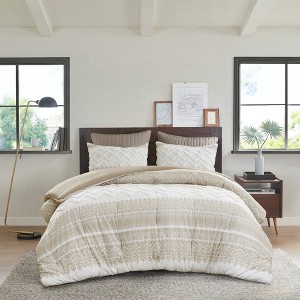 3Pcs Boho Style Cotton Duvet Set, Botanic Print Tufted Chevron Chenille Bedding, Farmhouse Bed Set with Matching Shams - 1 of 4
