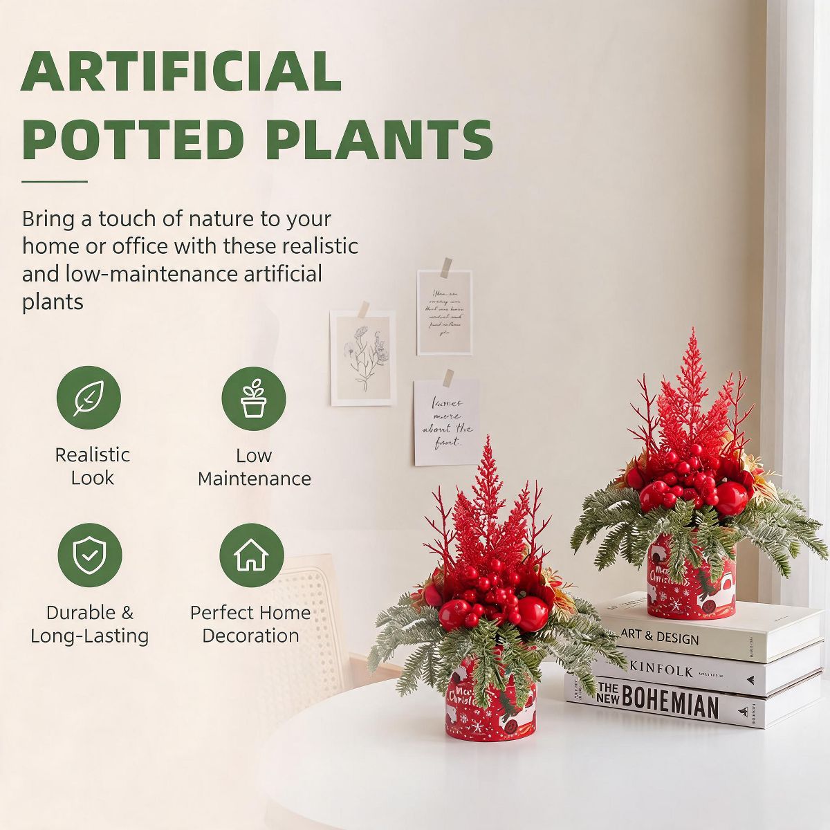 Mini Christmas Trees for Tabletop, Pre-Decorated Artificial Christmas Tree with Red Berries Ornaments, Small Potted Xmas Tree Desk Table Decor, 2 Pcs - thumbnail 6
