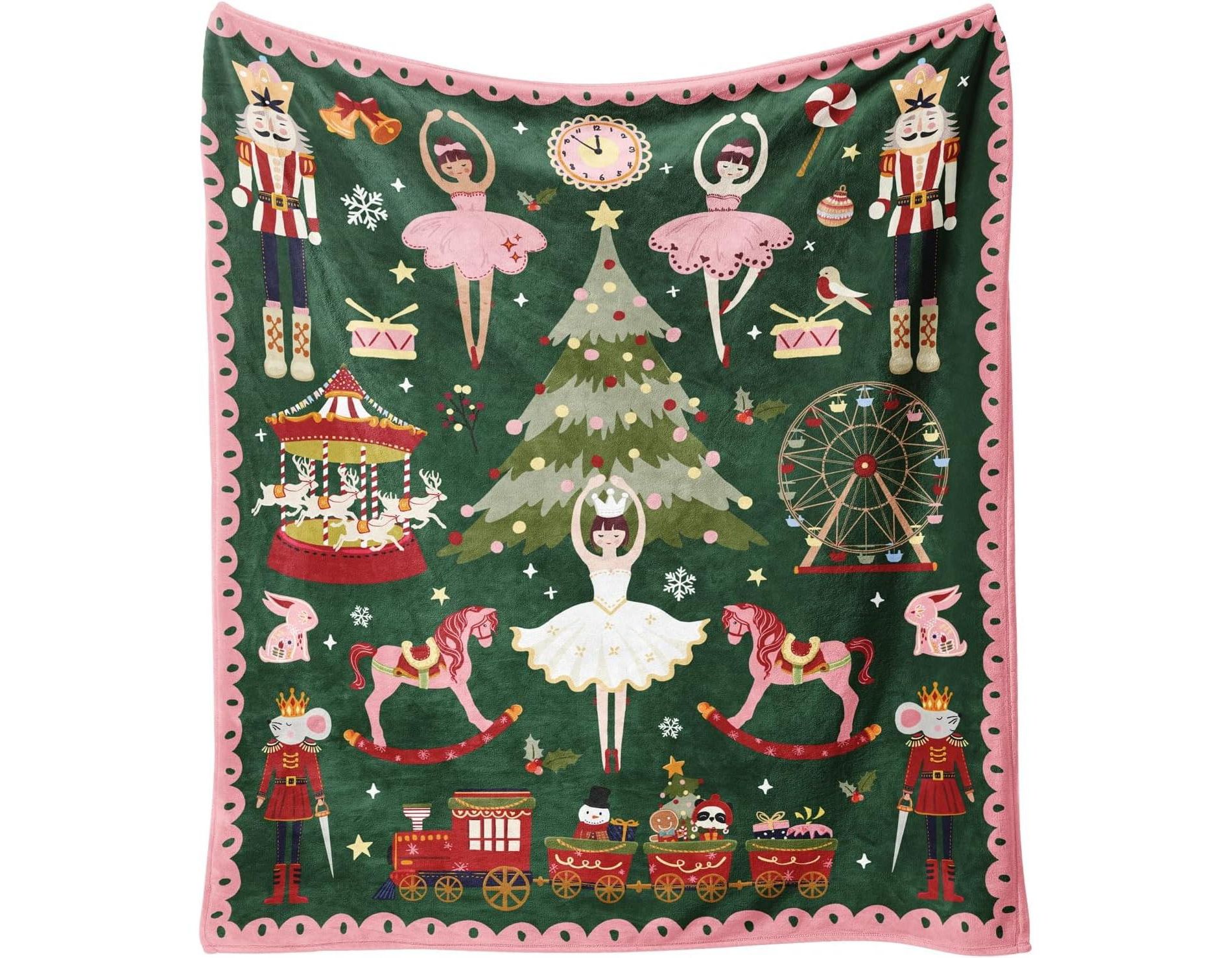 Lomsoe Pink Green Christmas Tree Print Flannel Blanket - All Seasons Soft and Warm Throw Blanket for Napping, Camping, Travel, Office