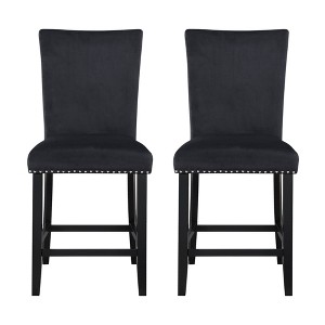 HomeRoots Set of Two 25" Black Wood and Velvet Counter Height Bar Chairs - 1 of 4