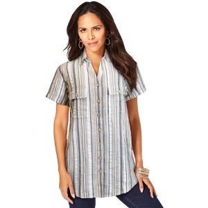 Roaman's Women's Plus Size Seersucker Big Shirt - 1 of 4