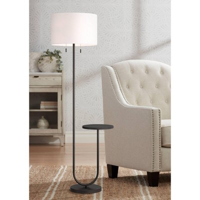 Bronze Metal Floor Lamp with White Fabric Drum Shade and Tray Table
