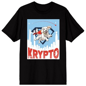Superman 2025 Krypto Flying Above Metropolis Adult Black Crew Neck Short Sleeve T-shirt - 1 of 4