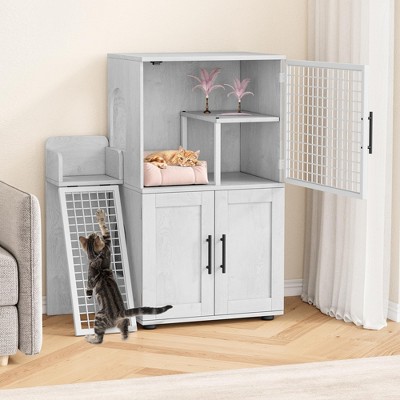 Modern Villa Litter Box Enclosure with Platform, Double Layer Hidden Furniture
