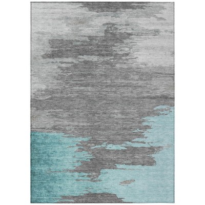 Teal Blue And Gray Abstract Washable Indoor Outdoor Area Rug