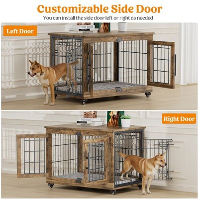 Gikpal Wooden Dog Crate Furniture, Stylish Dogs Kennel for Small to Extra Large, Double Door & A Cushion & 360°Wheel, Metal, Chew-Proof, Dog Cage
