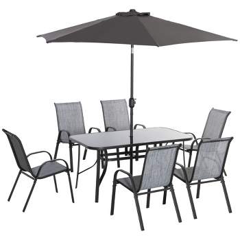 Outsunny 8 Piece Patio Furniture Set with Umbrella, Outdoor Dining Table and Chairs, 6 Chairs, Push Button Tilt and Crank Parasol, Glass Top, Gray