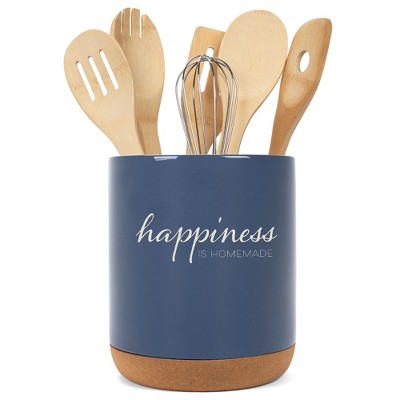 Elanze Designs Happiness is Homemade Ceramic Cork Bottom Navy Blue Large Capacity Utensil Holder Crock for Countertop Storage, Stylish & Durable for