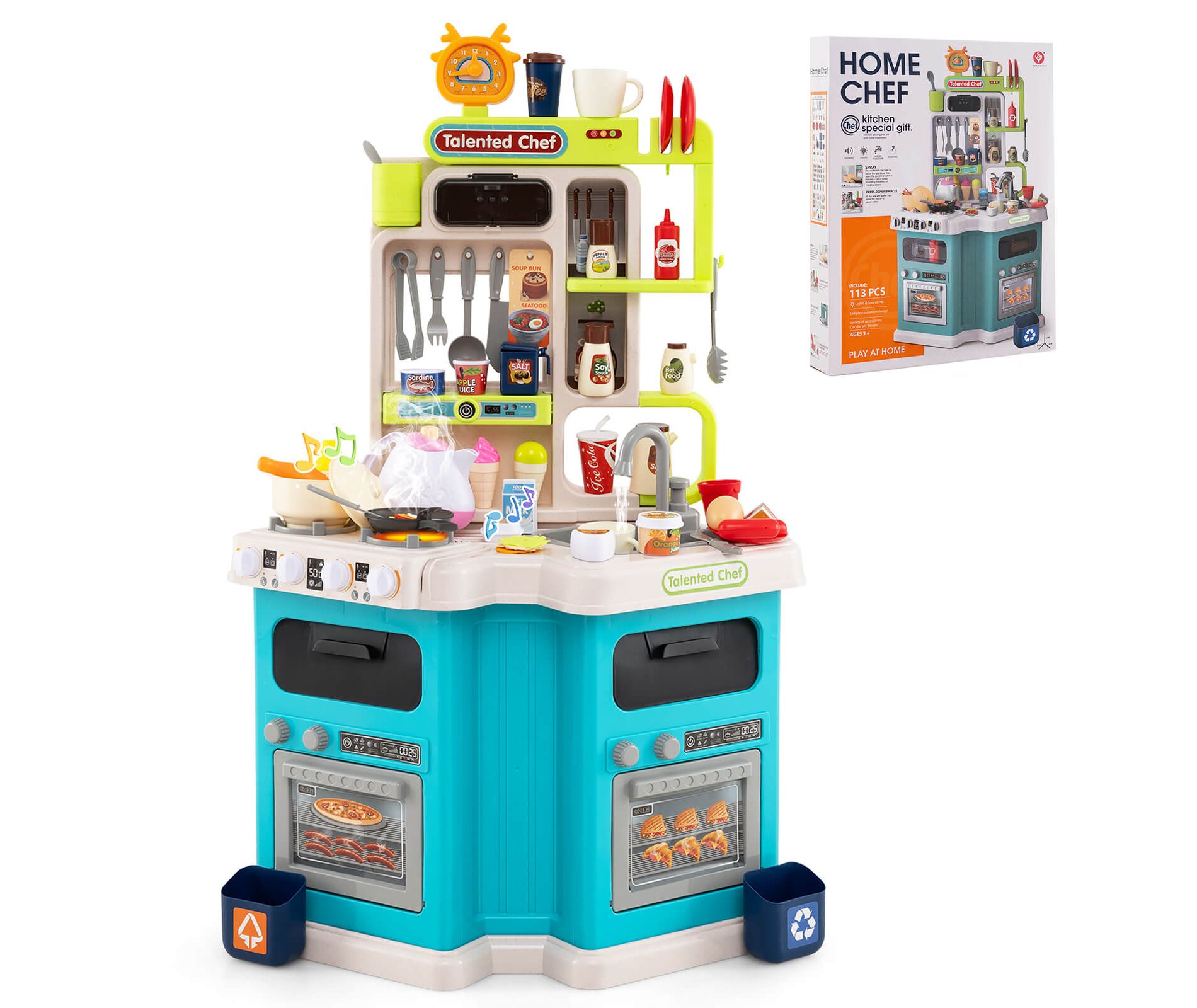 Costway Kids Kitchen Playset with Sounds Lights Steam Play Sink 113 PCS Accessories Blue/Pink