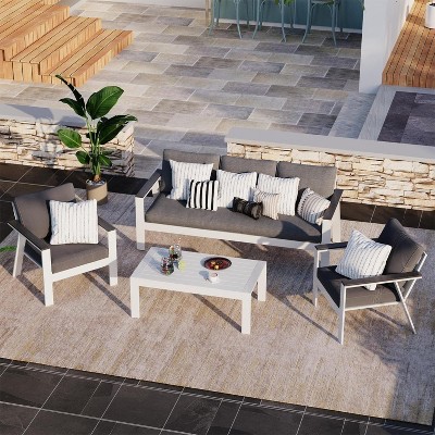 Heynemo Patio Furniture, 4-Piece Patio Set with Coffee Table, Modern Aluminum Frame & Wooden Armrest, Outdoor Furniture for Balcony, Garden, Porch