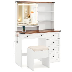 Tangkula Farmhouse Vanity Set w/ Mirror and Lights Dressing Table & Chair Set - 1 of 4