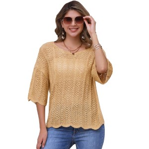 INSPIRE CHIC Women's Short Sleeve Hollow Out Summer Crochet Tops - 1 of 4