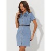 Allegra K Women's Collar Roll Up Short Sleeve Belted Button-Up Denim Shirt Dresses - 3 of 4
