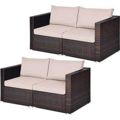 Tangkula 4PCS Rattan Corner Sofa Set Patio Outdoor Furniture Set w/ Beige Cushions