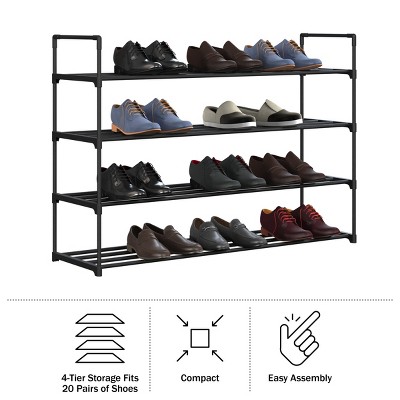 Black 4-Tier Stackable Metal and Plastic Shoe Rack