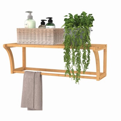 Natural Bamboo Wall Shelf with Towel Bar, 23.6" Wide
