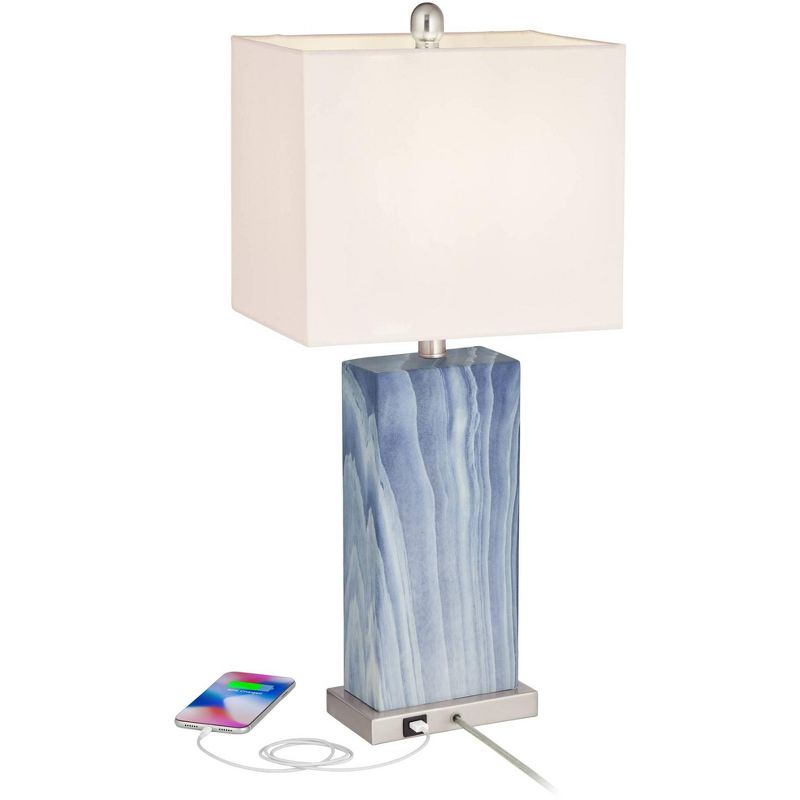 360 Lighting Connie Modern Table Lamps 25" High Set of 2 Blue Faux Marble with USB Charging Port Table Top Dimmers White Shade for Bedroom Office Desk, 3 of 10