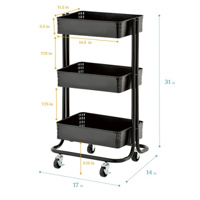 3 Tier Metal Rolling Storage Cart Mobile Organizer W/Adjustable Shelves Black
