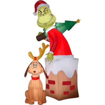 Gemmy Christmas Airblown Inflatable Grinch in Chimney w/Max Scene Dr. Seuss, 5.5 ft Tall