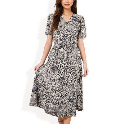 Anna-Kaci Women's Leopard Print Midi Dress with Short Sleeves and Waist Tie
