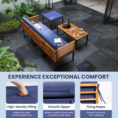 Acacia Wood and Metal 5-Piece Patio Set with Navy Cushions