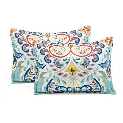 Seafoam and Red Boho Chic Reversible Cotton Full Quilt Set