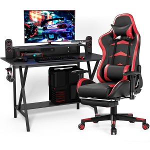 Costway Gaming Desk&Massage Gaming Chair Set w/ Footrest Monitor Shelf Power Strip Red - 1 of 4