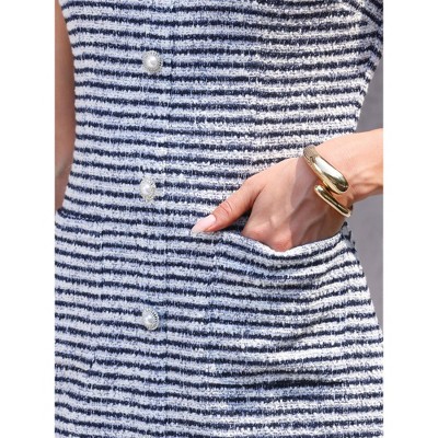 Женские платья INSPIRE CHIC Women's Tweed Short Sleeve Crew Neck Pearl Decor Sheath Dresses Medium Blue White — фото 4