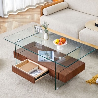PAGED 31.5" Coffee Table, Modern Side Table with Wooden Top and Tempered Glass Legs, Center Table for Living Room, Bedroom