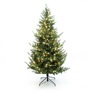 LuxenHome 7Ft Pre-Lit Artificial Natural Upswept Pine Christmas Tree with Metal Stand Green - 1 of 4