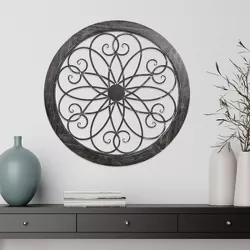 Medallion Metal Wall Art- 24 Inch Round Iron Scrollwork, Flower & Wood Frame Home Decor in Gray, Hand Crafted- Mounting Screws Included by Lavish Home